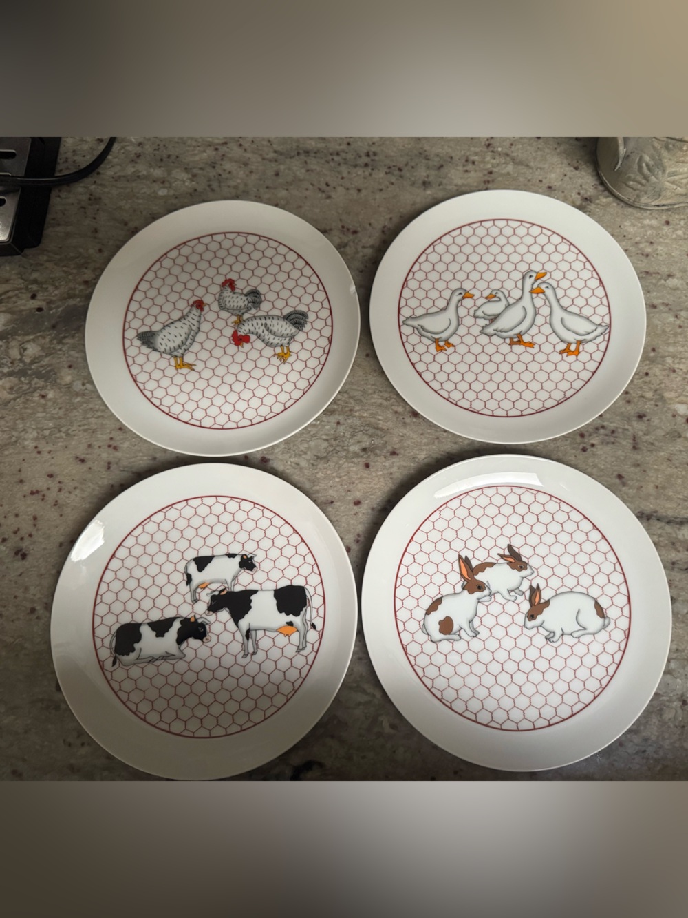Farm Animal Ceramic Dinner Plates - White with Red Chickenwire Accent (Set of 4)